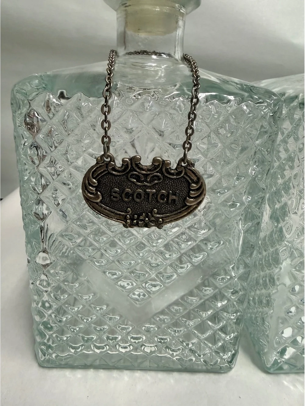 Vintage MCM Cut Glass Decanter Set with Scotch and Bourbon Tags